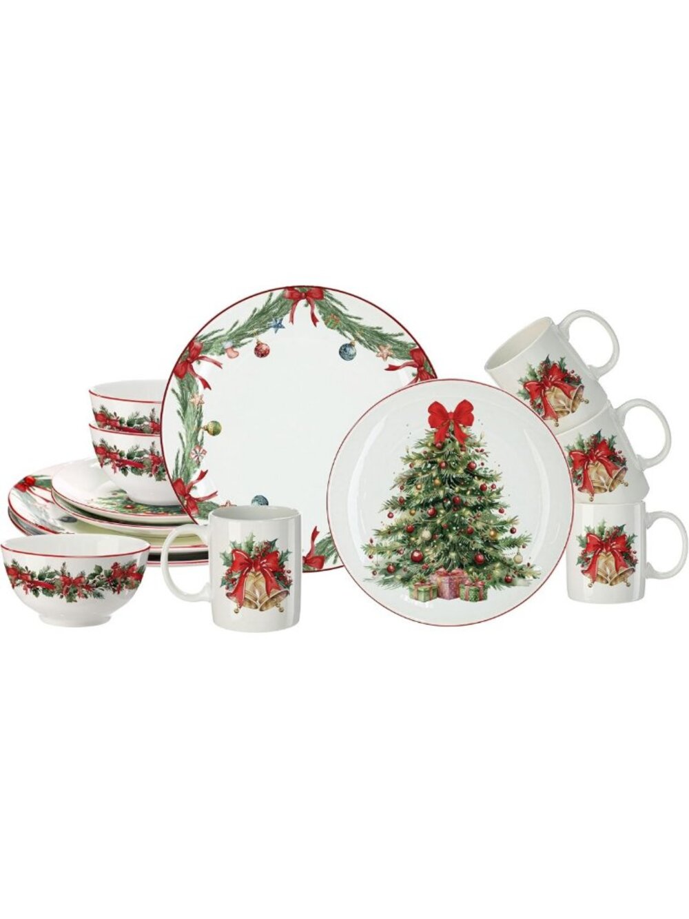16-Piece Christmas Tree Dinnerware Set for 4 Guests - Festive Ceramic Dishes